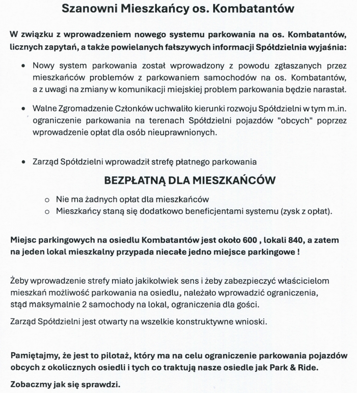 Pismo: Organizacja parkowania na os. Kombatantów